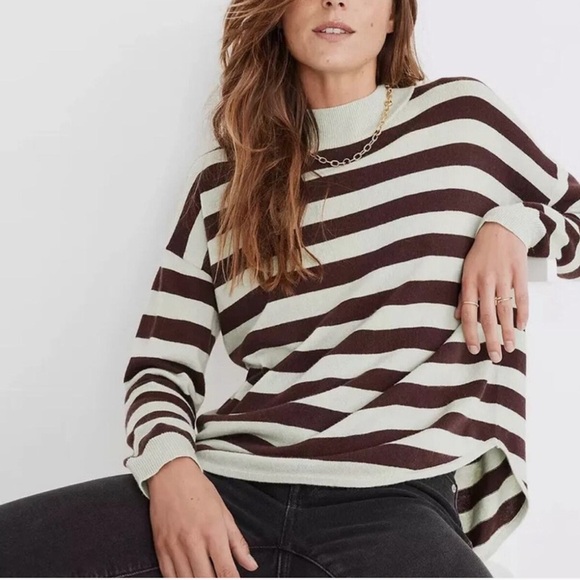 Madewell Ashbury Mockneck Sweater Kelsey Stripe Sunfaded Mint - Picture 1 of 8